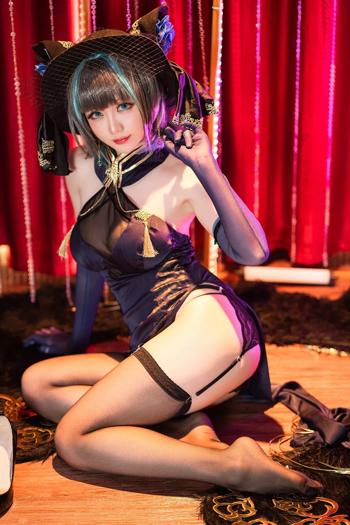 Xgyw.Org_Coser小姐姐星之迟迟柴郡音乐绚烂主题私房黑色薄透服饰配黑丝吊袜诱惑写真72P