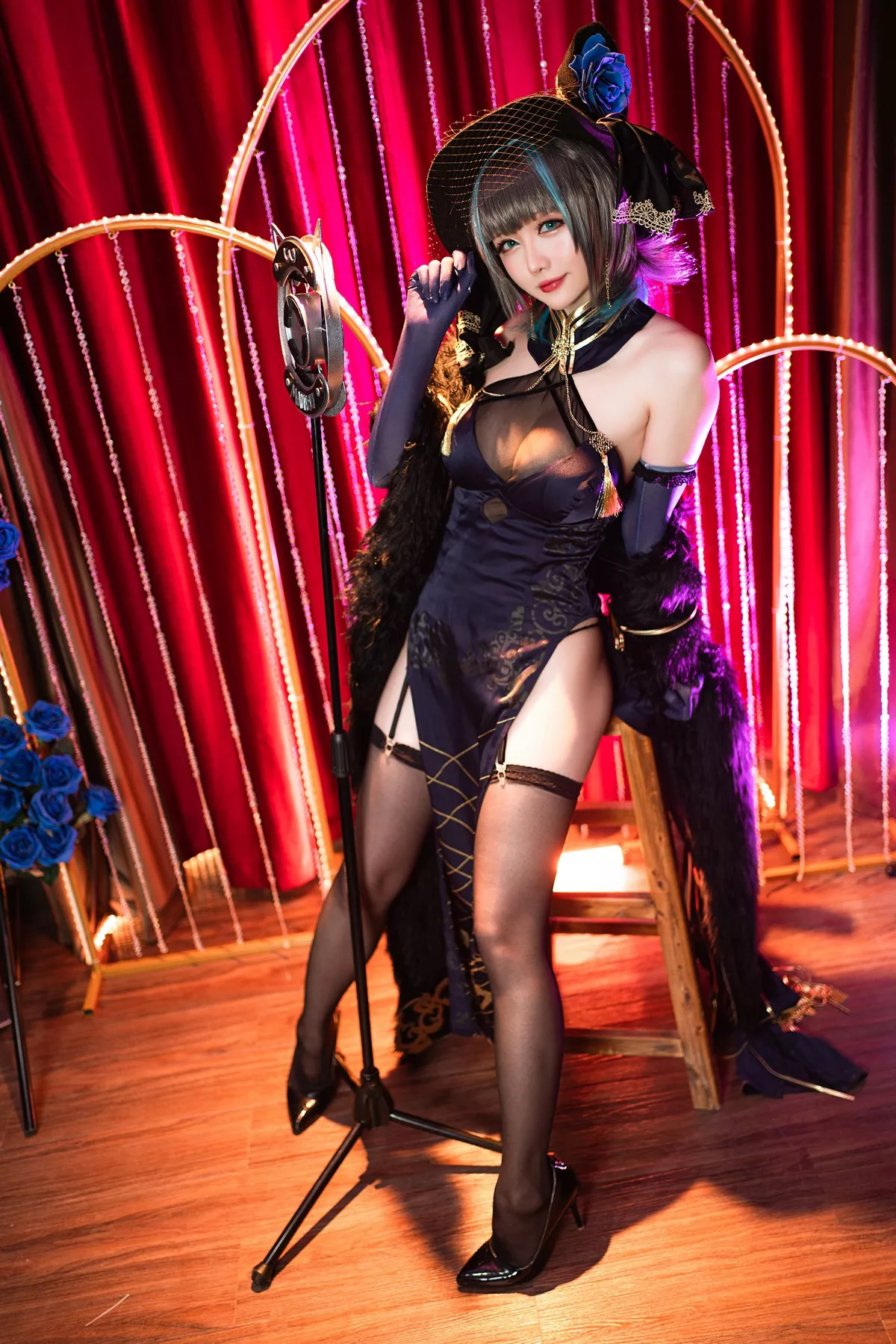 Xgyw.Org_Coser小姐姐星之迟迟柴郡音乐绚烂主题私房黑色薄透服饰配黑丝吊袜诱惑写真72P