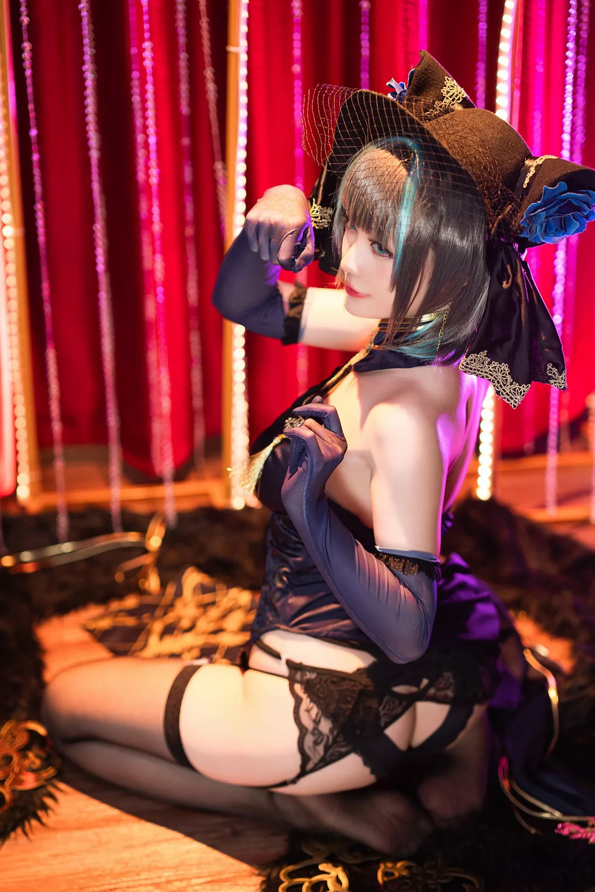 Xgyw.Org_Coser小姐姐星之迟迟柴郡音乐绚烂主题私房黑色薄透服饰配黑丝吊袜诱惑写真72P